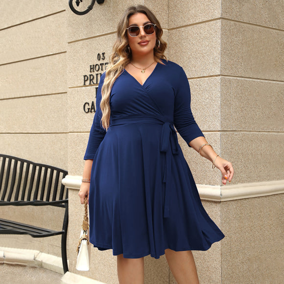 Plus Size Women Clothing V Neck Flounce Dress Summer Elegant Lady High Waist A line Dress