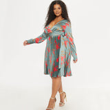 Plus Size Simple Floral Dress for Women Autumn Sexy Deep V Plunge neck Pleated Dress Women