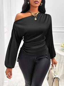 Women Clothes Satin Shirt Autumn Winter Asymmetric Long Sleeve Diagonal Collar Shirt Top