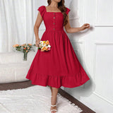 Plus Size Women Clothing Square Collar Flying Sleeve Dress Summer Vacation Red Dress Children