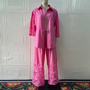Spring Long Sleeve Shirt Stitching Lace Two Piece Set Women Pants Set