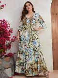 Plus Size Middle East High Pin Oversized Women Summer Chiffon Printed Mid Sleeve Long Holiday Dress
