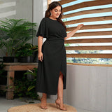 Plus Size Women Clothing Round Neck Pleated Dress Summer Elegant All Match A Line Midi Dress