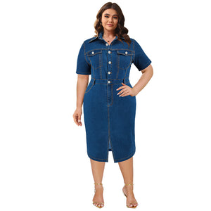 Plus Size Women Clothing Denim Collared Short Sleeve Split Mid Length Dress