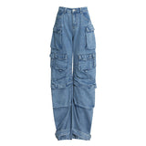 Design Solid Color Overalls Autumn Winter Patchwork Easy Matching Multi Pocket Washed Worn Wide Leg Pants