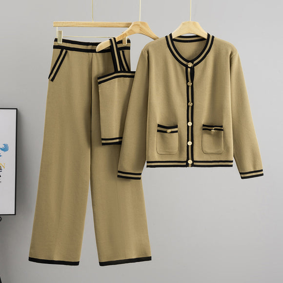Round Neck Long Sleeve Knitted Cardigan Coat Straight Leg Trousers Vest Three Piece Trousers Set