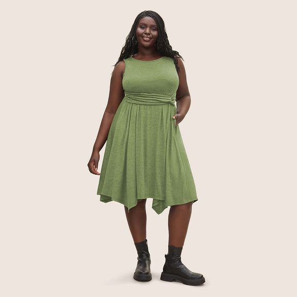 Plus Size Women Round Neck Sleeveless Vest Pocket Solid Color Irregular Asymmetric Dress