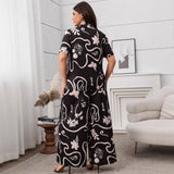 Plus Size Women Clothing Ladies Printed Loose Short Sleeved Cardigan Wide Leg Pants Set