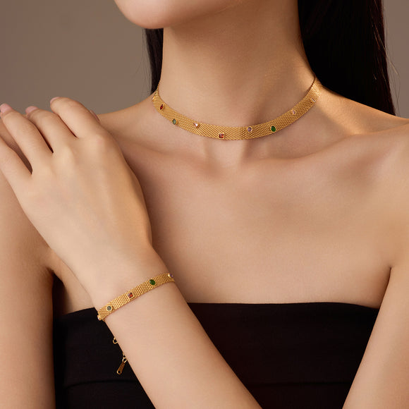 Ribbon Woven Colorful Zircon Necklace Bracelet Set Advanced Luxury Stainless Steel Necklace