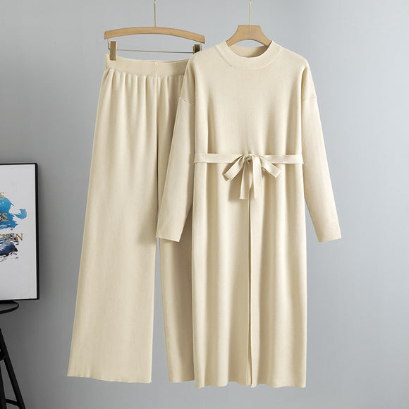 Spring Autumn Women Loose Slit Knitted Long Shirt Wide Leg Pants Two Piece Sweater