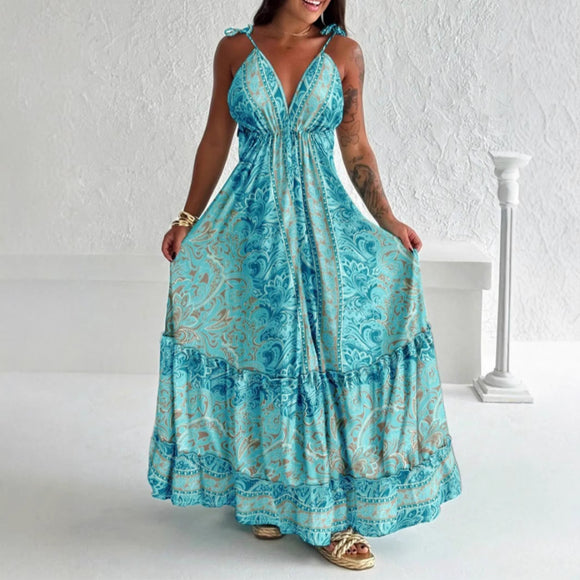 Women Clothing Summer Elegant V neck Sling Large Long Dress