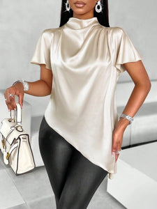 Satin Shirt Autumn Winter Batwing Sleeve Asymmetric Hem Shirt Top