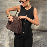 Spring Summer Office Vest Wide Leg Pants Two Piece Set