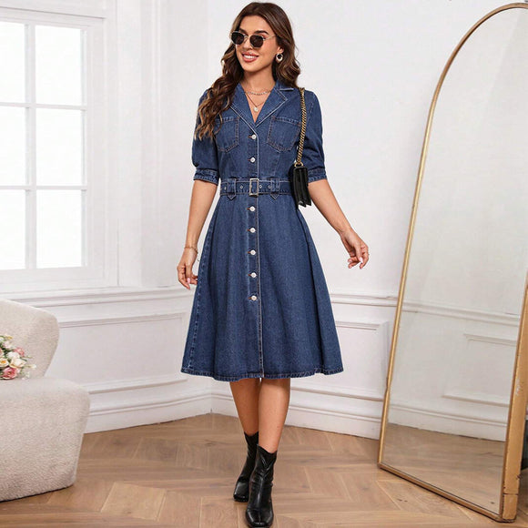 Women Clothing Denim Tight Waist Fit Slimming Short Sleeve Dress