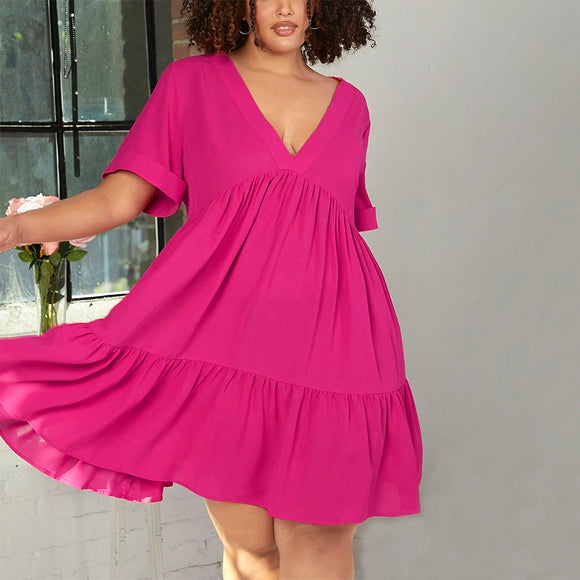 Plus Size Spring Rose Red Short Sleeve Ruffled Elegant Deep V Plunge Neck Slim Dress