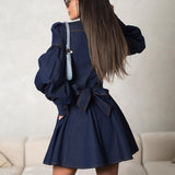 Denim Shirt Dress Niche Design Lantern Sleeve Lace up Graceful Fashionable Dress