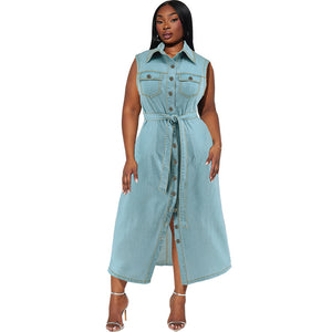 Plus Size Women Collared Sleeveless Denim Long Lace Up Dress