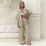 Pure Cotton Short Sleeved Trousers Spring Summer Loose Fitting Short Sleeves Shirt Trousers Casual Two Piece Sets