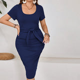 Plus Size Women Clothes Elegant U Neck Dress Summer High Waist Slim Hip Dress Women