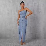 Women Clothing Casual Tube Top Tooling Large Pocket Denim Dress