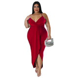 Plus Size Women Clothing Adjustable Shoulder Strap Sleeveless V Neck Stretch Dress