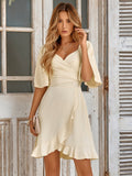 Women Clothing V neck Solid Color Waist Tight Ruffled Summer Dress Women