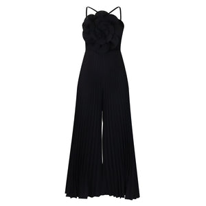 Women Clothing Summer Halter Three Dimensional Floral Solid Color Wide Leg plus Size Jumpsuit