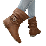 Round Toe Women Boots Flat Faux Leather Rivet Women Short Boots Belt Buckle Metal Brown Low Tube Women Boots