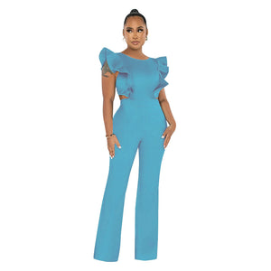 Women Clothing Summer Ruffled round Neck Solid Color Jumpsuit