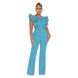 Women Clothing Summer Ruffled round Neck Solid Color Jumpsuit