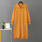 Autumn Winter Polo Collar Base Knitting Loose Solid Color Women Dress