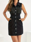 Ladies Black Beaded Denim Sleeveless Dress