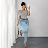 Plus Size Women Summer Simple T shirt Twist Design Irregular Asymmetric Short Top