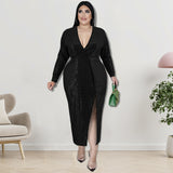 Plus Size Fall Women Clothing Velvet Bottom Embroidered Sequined Dress