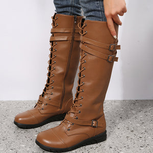 Women Boots High Side Zipper Knight Boots Flat Boots round Toe Low Heel Women Leather Boots