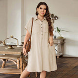 Plus Size Summer Women Loose Casual Shirt Dress Turn down Collar Short Sleeve Solid Color Dress