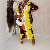 Plus Size Women Clothing Office Daily Polo Collar Irregular Asymmetric Pattern Print Long Sleeve Narrow Dress