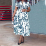 Plus Size Women Printed Stand Collar Belt Dress