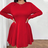 Plus Size Women Clothing Simple Sexy Red Dress Autumn Winter High Waist Slim Fit Midi