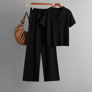 Polo Collar Ice Silk Knitted Women Summer Elegant Button T shirt Casual Pants Two Piece Set