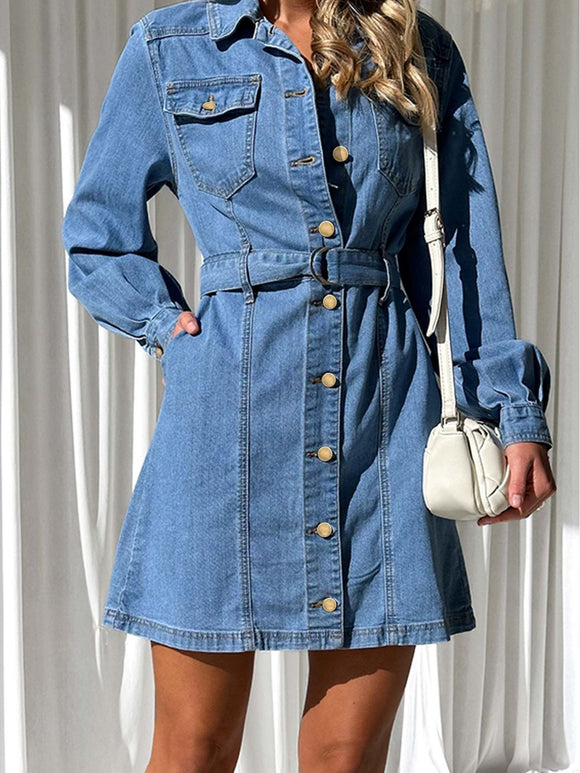 Casual Button Lace Up Slimming Long Sleeved Denim Dress Women