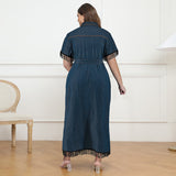Plus Size Women Clothes Short Sleeve Tassel Collar Decorated with Buttons Belt Dress