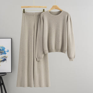 Autumn Rhinestone round Neck Loose Knitted Sweater Casual Wide Leg Pants for Women