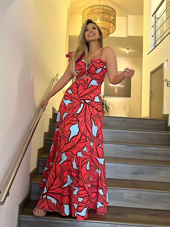 Elegant Sexy Print High Waist Maxi Dress Suspender Women Dress