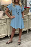 Ladies Cotton Linen Dress Solid Color Short Sleeve Burr Side Pocket Midi Dress