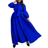 Autumn Winter Solid Color plus Size Lace up Puff Sleeve High Waist Big Swing Maxi Dress African Dress
