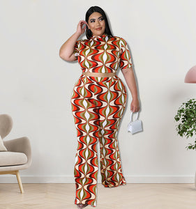 Plus Size Women Clothes Summer Short Sleeved T shirt Set Straigh Leg Trousers