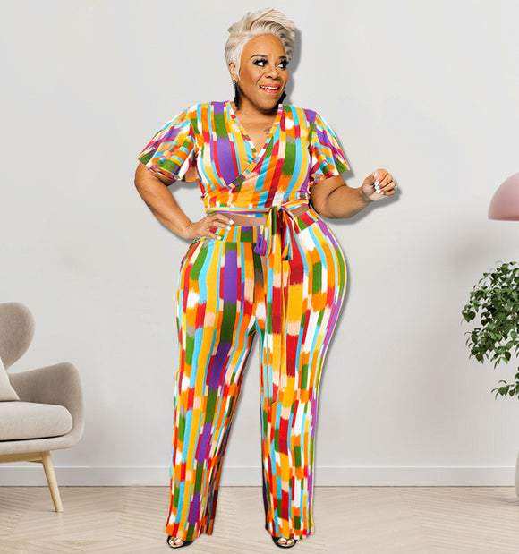 Plus Size Women Clothes Spring Short Sleeve Top with Blouse Pants
