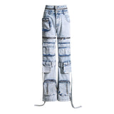 Autumn Smart Trousers Niche Design Patchwork Pocket Deconstructed High Waist Straight Jeans for Women