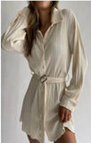 Spring Summer Popular Fashionable Pleated Long Sleeved Shirt Belt Dress